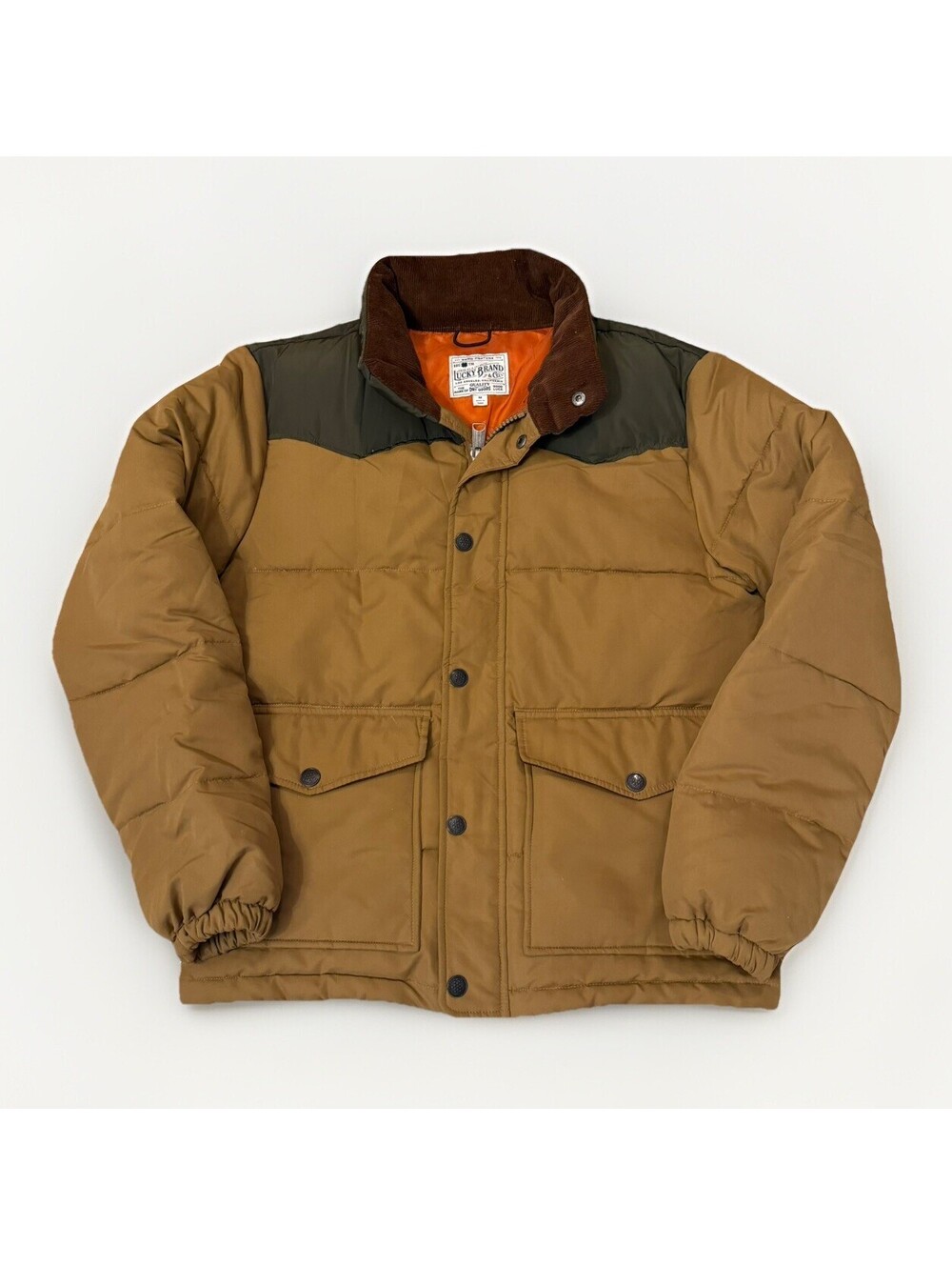Lucky Brand Mens Puffer Jacket SIZE M Green/Tan Hooded Winter Coat Orange Lining